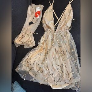 Cider Beige Sequin Mini Dress